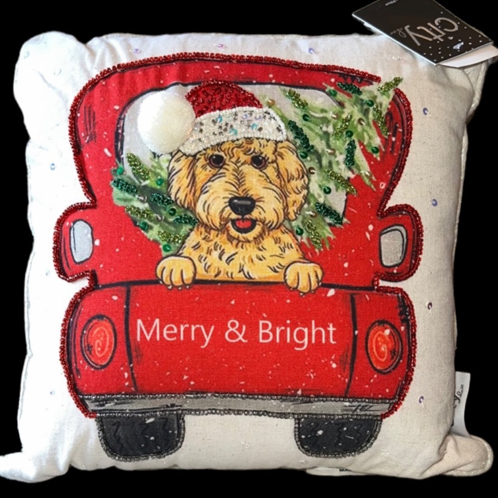 New Goldendoodle Beaded Poodle  Dog Decorative Christmas Pillow 12”